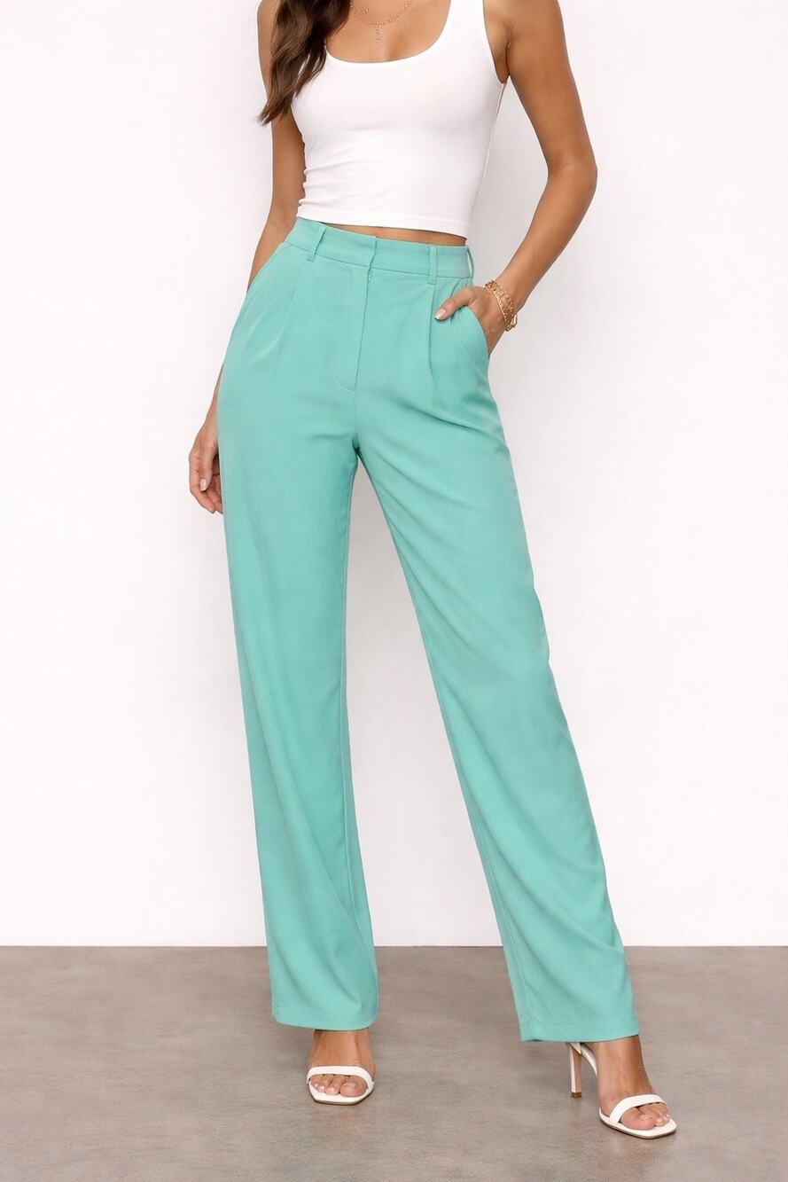 CHLOE Silk Trousers Turquoise High Waisted Pants Size 40 / US 10